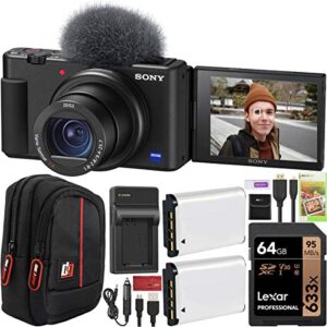 sony zv-1 compact digital vlogging 4k hdr video camera for content creators & vloggers dczv1/b double battery bundle with deco gear case + 64gb card + external charger and accessories