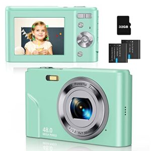 digital camera auto focus point and shoot camera, fhd 1080p 48mp kids camera with 32gb memory card,16x zoom vlogging camera small digital cameras for kids teenagers students green