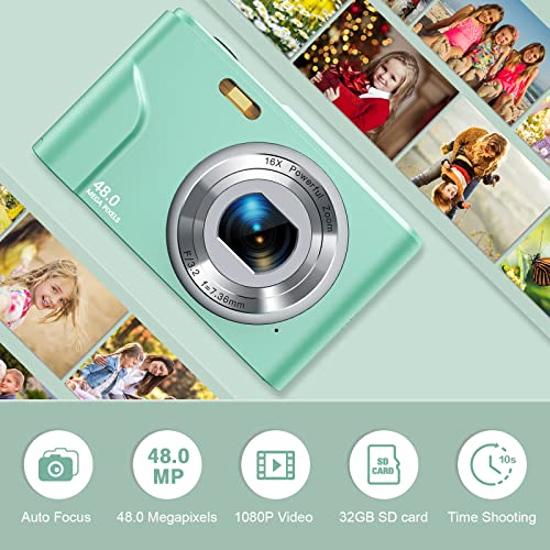 Digital Camera Auto Focus Point and Shoot Camera, FHD 1080P 48MP Kids Camera with 32GB Memory Card,16X Zoom Vlogging Camera Small Digital Cameras for Kids Teenagers Students Green