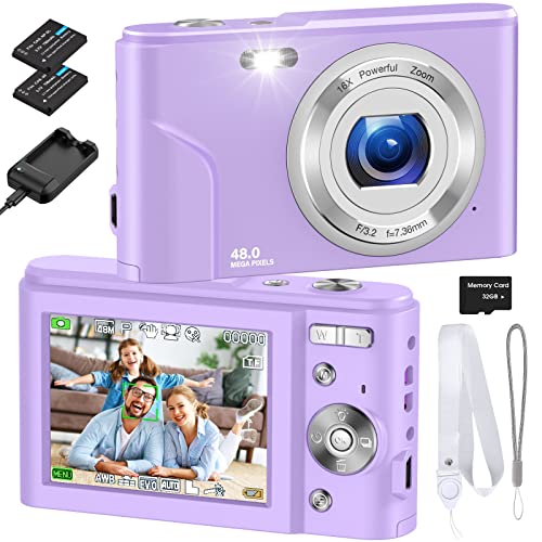 Digital Camera, RUAHETIL Autofocus FHD 1080P 48MP Kids Vlogging Camera with 32GB Memory Card, 2 Charging Modes 16X Zoom Compact Camera Point and Shoot Camera for Kids Teens (Purple)