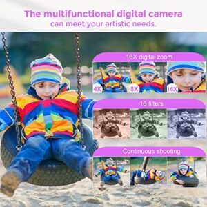 Digital Camera, RUAHETIL Autofocus FHD 1080P 48MP Kids Vlogging Camera with 32GB Memory Card, 2 Charging Modes 16X Zoom Compact Camera Point and Shoot Camera for Kids Teens (Purple)