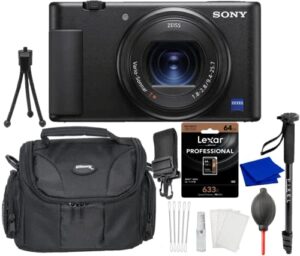 sony zv-1 digital camera bundle with water resistant gadget bag, monopod, 64gb memory card, card reader + more | point & shoot camera for content creators, vlogging and youtube