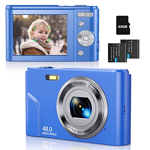 Digital Camera Auto Focus Point and Shoot Camera, FHD 1080P 48MP Kids Camera with 32GB Memory Card,16X Zoom Vlogging Camera Small Digital Cameras for Kids Teenagers Students