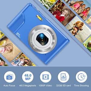 Digital Camera Auto Focus Point and Shoot Camera, FHD 1080P 48MP Kids Camera with 32GB Memory Card,16X Zoom Vlogging Camera Small Digital Cameras for Kids Teenagers Students