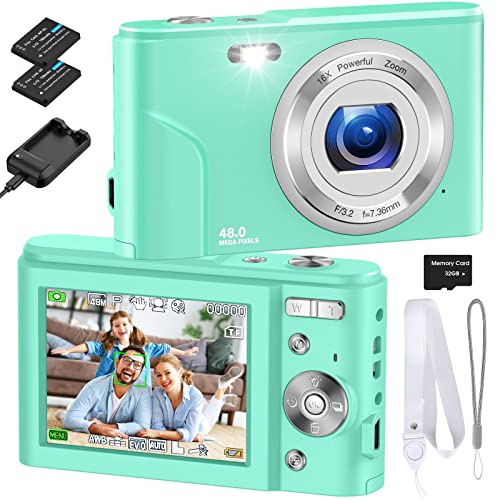 RUAHETIL Digital Camera, Autofocus FHD 1080P 48MP Kids Vlogging Camera with 32GB Memory Card, 2 Charging Modes 16X Zoom Compact Camera Point and Shoot Camera for Kids Teens (Green)