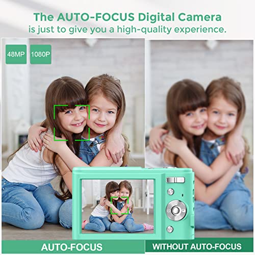 RUAHETIL Digital Camera, Autofocus FHD 1080P 48MP Kids Vlogging Camera with 32GB Memory Card, 2 Charging Modes 16X Zoom Compact Camera Point and Shoot Camera for Kids Teens (Green)