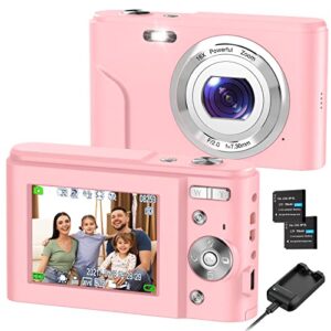 Digital Camera, RUAHETIL FHD 1080P 36MP 2.4 Inch LCD Vlogging Camera for Kids, 16X Zoom 2 Charging Modes Kids Compact Camera Point and Shoot Camera for Kids Teens Students Beginners（Pink）