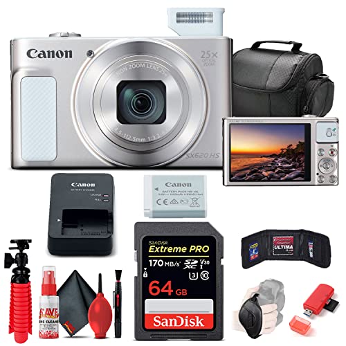 Canon PowerShot SX620 HS Digital Camera (White) (1074C001), 64GB Card, Card Reader, Deluxe Soft Bag, Flex Tripod, Hand Strap, Memory Card Holder, Cleaning Kit (Renewed)