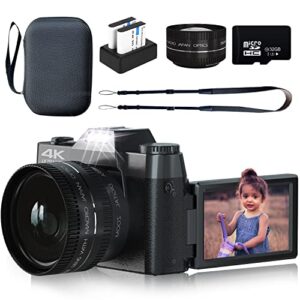 digital cameras for photography, 4k 48mp vlogging camera for youtube with wifi, manual focus, 16x digital zoom, 52mm wide angle lens & macro lens, 32gb tf card and 2 batteries