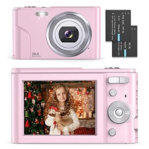 digital camera – compact vlogging camera 1080p with 36.0 mega pixels 16x digital zoom, 2 batteries, aufoya portable mini camera for photography, kids, students, teens, adult (pink)