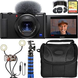 zv-1 digital camera (black) with bluestone usb dual ring light deluxe vlogging/streaming bundle. includes: wind screen, sandisk extreme 64gb card, 12” gripster tripod, & much more.