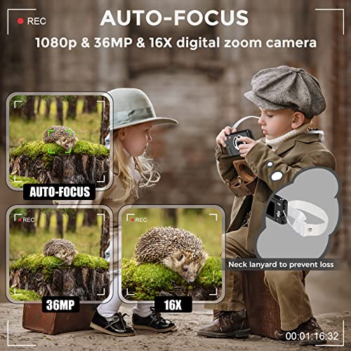 Digital Camera, RUAHETIL Autofocus FHD 1080P 36MP Vlogging Camera for Kids, 16X Zoom 2 Charging Modes Kids Compact Camera Point and Shoot Camera for Kids Teens Students（Dark）