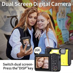 Digital Camera 1080P 24MP, Kids Camera with Flash Selfie Dual Screens, Point and Shoot Camera with WiFi,16X Digital Zoom 2.8'' Video Camera(Yellow)