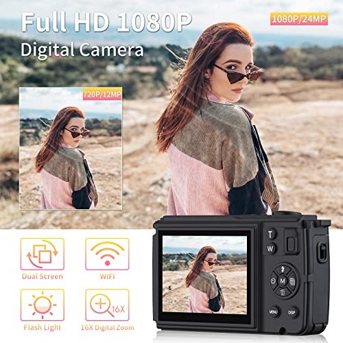 Digital Camera 1080P 24MP, Kids Camera with Flash Selfie Dual Screens, Point and Shoot Camera with WiFi,16X Digital Zoom 2.8'' Video Camera(Yellow)