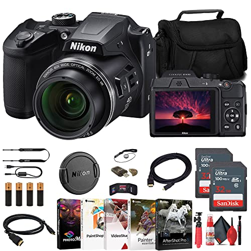 Nikon COOLPIX B500 Digital Camera (Black) (26506) + 2 x 32GB Card + Case + Card Reader + Corel Photo Software + Flex Tripod + HDMI Cable + Memory Wallet + Cap Keeper + Cleaning Kit (Renewed)