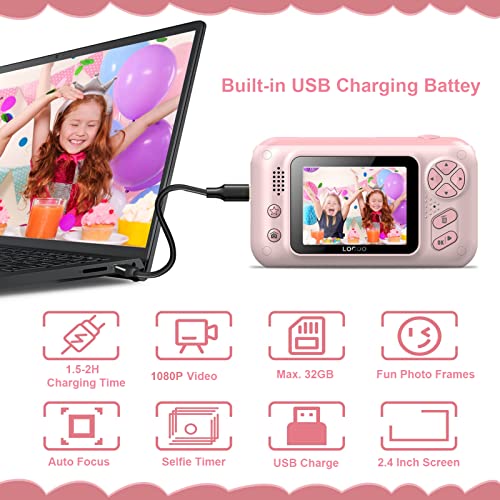 Andoer 1080P Kids Digital Camera Mini Video Camera for Kids 40MP 2.4 Inch IPS Screen 180° Rotatable Lens Built-in Battery Cute Photo Frames Fun Games with Neck Strap Mini Desktop 32GB Memory Card