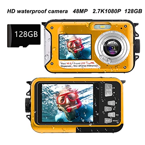 Digital Camera, 2.7K Video Vlogging Camera for Kids, Compact Point and Shoot Camera, 16X Digital Zoom, 2.7" Dual LCD Screen, Waterproof, Continuous Shooting for Teens Students Boys Girls(Yellow)