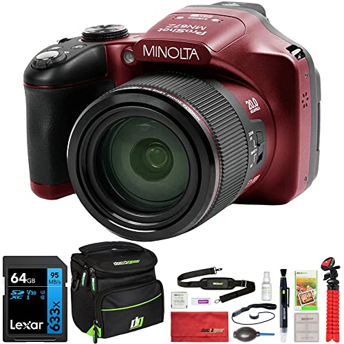 Minolta MN67Z-BK 20MP / 1080p HD Bridge Digital Camera with 67x Optical Zoom Bundle with Lexar Professional 633x 64GB UHS-1 Class 10 SDXC Memory Card and Deco Gear Camera Bag for DSLR (Red)