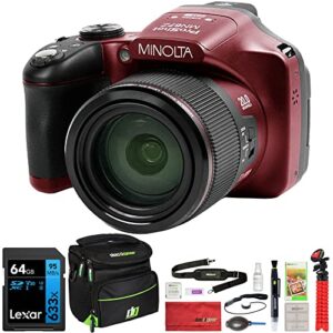 minolta mn67z-bk 20mp / 1080p hd bridge digital camera with 67x optical zoom bundle with lexar professional 633x 64gb uhs-1 class 10 sdxc memory card and deco gear camera bag for dslr (red)