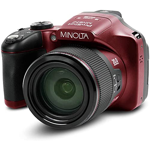 Minolta MN67Z-BK 20MP / 1080p HD Bridge Digital Camera with 67x Optical Zoom Bundle with Lexar Professional 633x 64GB UHS-1 Class 10 SDXC Memory Card and Deco Gear Camera Bag for DSLR (Red)