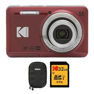 kodak pixpro friendly zoom fz55 digital camera (red) with hard case and 32gb sd card bundle (3 items)