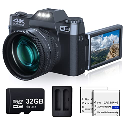 Digital Camera for Photograohy and Video VJIANGER 4K 48MP WiFi Vlogging Camera with 180° Flip Screen, 16X Digital Zoom, 52mm Wide Angle & Macro Lens, 2 Batteries and 32GB TF Card(W02 Black3)