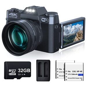digital camera for photograohy and video vjianger 4k 48mp wifi vlogging camera with 180° flip screen, 16x digital zoom, 52mm wide angle & macro lens, 2 batteries and 32gb tf card(w02 black3)