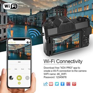 Digital Camera for Photograohy and Video VJIANGER 4K 48MP WiFi Vlogging Camera with 180° Flip Screen, 16X Digital Zoom, 52mm Wide Angle & Macro Lens, 2 Batteries and 32GB TF Card(W02 Black3)