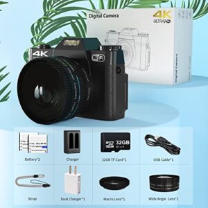 Digital Camera for Photograohy and Video VJIANGER 4K 48MP WiFi Vlogging Camera with 180° Flip Screen, 16X Digital Zoom, 52mm Wide Angle & Macro Lens, 2 Batteries and 32GB TF Card(W02 Black3)