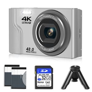 digital camera with 32gb sd card, vjianger 4k 48mp vlogging camera with 2.8″ screen, 16x digital zoom, mini point and shoot camera for kids tees aldults with 2 batteries &tripod(dc6-6 silver)
