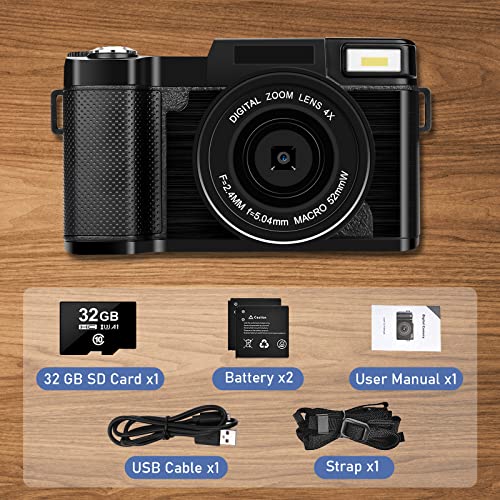 Digital Camera, Vlogging Camera for Photography and Video on YouTube, 2.7K 30MP Point and Shoot Cameras, 3 Inch 180 Degree Flip Screen, 2 Batteries, 32GB SD Card (Black)