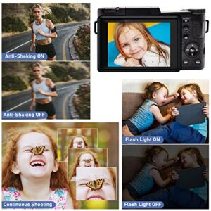 Digital Camera, Vlogging Camera for Photography and Video on YouTube, 2.7K 30MP Point and Shoot Cameras, 3 Inch 180 Degree Flip Screen, 2 Batteries, 32GB SD Card (Black)