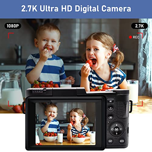 Digital Camera, Vlogging Camera for Photography and Video on YouTube, 2.7K 30MP Point and Shoot Cameras, 3 Inch 180 Degree Flip Screen, 2 Batteries, 32GB SD Card (Black)