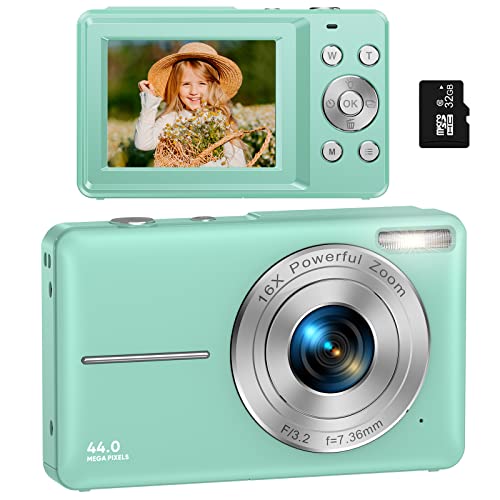 Digital Camera, Kids Camera with 32GB Card FHD 1080P 44MP Vlogging Camera with LCD Screen 16X Zoom Compact Portable Mini Rechargeable Camera Gifts for Students Teens Adults Girls Boys-Green