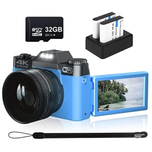 digital camera for photography vjianger 4k 48mp vlogging camera for youtube with wifi, 16x digital zoom, 52mm wide angle & macro lens, 2 batteries, 32gb tf card(yl24-blue)