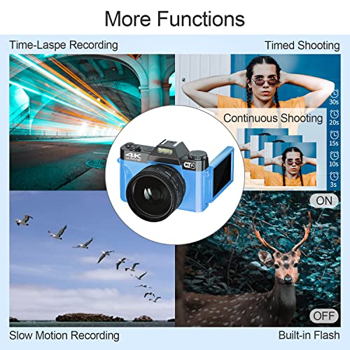 Digital Camera for Photography VJIANGER 4K 48MP Vlogging Camera for YouTube with WiFi, 16X Digital Zoom, 52mm Wide Angle & Macro Lens, 2 Batteries, 32GB TF Card(YL24-Blue)
