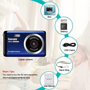 Digital Camera for Photography, Rechargeable 20MP Point and Shoot Camera with 2.8" LCD 8X Digital Zoom for Kids Teens Elders（Blue）