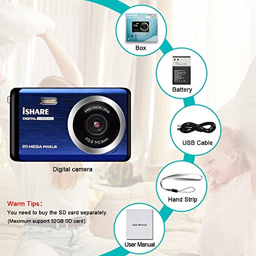 Digital Camera for Photography, Rechargeable 20MP Point and Shoot Camera with 2.8" LCD 8X Digital Zoom for Kids Teens Elders（Blue）