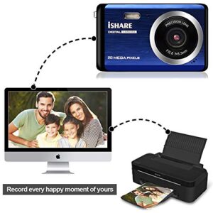 Digital Camera for Photography, Rechargeable 20MP Point and Shoot Camera with 2.8" LCD 8X Digital Zoom for Kids Teens Elders（Blue）