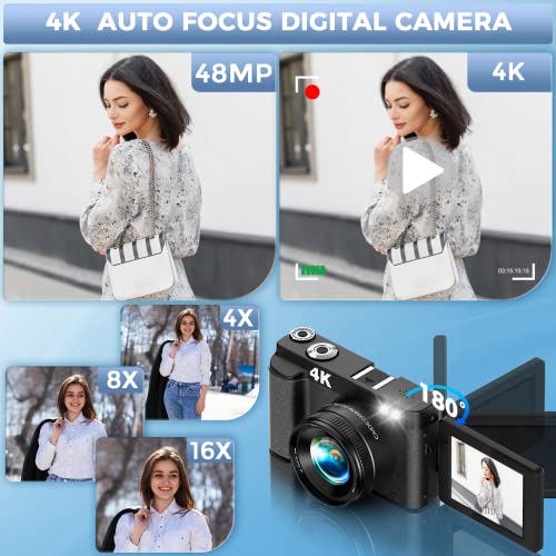 Bioyoak Digital Camera Auto Focus 4K 48MP 60FPS Video Camera 16X Digital Zoom Camera for Photography YouTube Vlogging Compact Camera 32GB Memory Card UV Filter