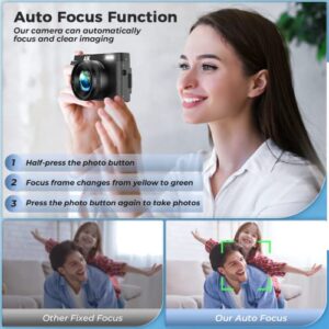 Bioyoak Digital Camera Auto Focus 4K 48MP 60FPS Video Camera 16X Digital Zoom Camera for Photography YouTube Vlogging Compact Camera 32GB Memory Card UV Filter