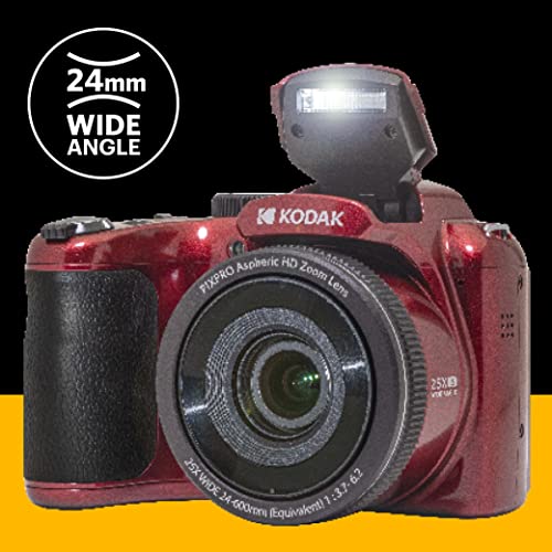 KODAK PIXPRO Astro Zoom AZ255-RD 16MP Digital Camera with 25X Optical Zoom 24mm Wide Angle 1080P Full HD Video and 3" LCD (Red)