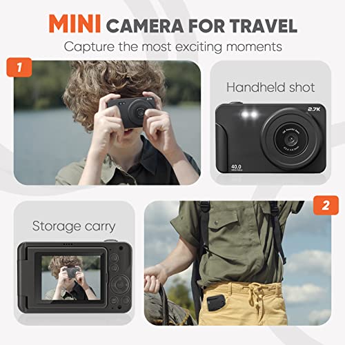 ESOXOFFORE Digital Camera for Teens,2.7K 40MP Autofocus Vlogging Camera with 180 Degree Flip Screen,16X Digital Zoom Compact Portable Video Camera for 8-15 Year Old Kids Student Boys Girls (Black)