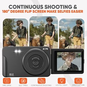 ESOXOFFORE Digital Camera for Teens,2.7K 40MP Autofocus Vlogging Camera with 180 Degree Flip Screen,16X Digital Zoom Compact Portable Video Camera for 8-15 Year Old Kids Student Boys Girls (Black)