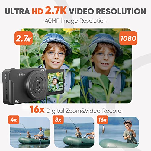 ESOXOFFORE Digital Camera for Teens,2.7K 40MP Autofocus Vlogging Camera with 180 Degree Flip Screen,16X Digital Zoom Compact Portable Video Camera for 8-15 Year Old Kids Student Boys Girls (Black)