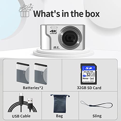 Saneen Digital Camera, 4K Kids Cameras for Photography, 48MP Compact Point and Shoot Photography Cameras for Teens, Kids, Elder, Beginners, 16X Digital Zoom, with 32GB SD Card & 2 Batteries - Silver