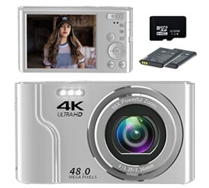 saneen digital camera, 4k kids cameras for photography, 48mp compact point and shoot photography cameras for teens, kids, elder, beginners, 16x digital zoom, with 32gb sd card & 2 batteries – silver