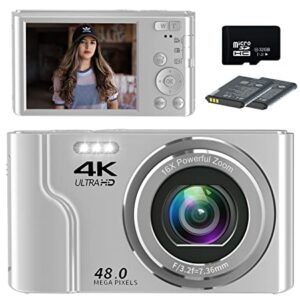 Saneen Digital Camera, 4K Kids Cameras for Photography, 48MP Compact Point and Shoot Photography Cameras for Teens, Kids, Elder, Beginners, 16X Digital Zoom, with 32GB SD Card & 2 Batteries - Silver