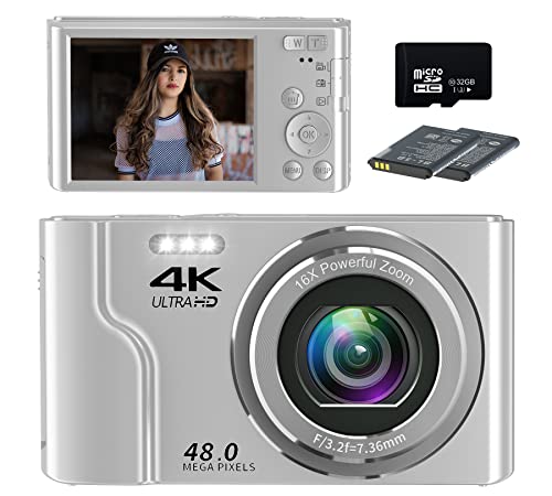 Saneen Digital Camera, 4K Kids Cameras for Photography, 48MP Compact Point and Shoot Photography Cameras for Teens, Kids, Elder, Beginners, 16X Digital Zoom, with 32GB SD Card & 2 Batteries - Silver