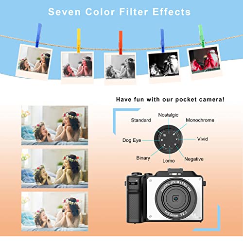 Vlogging Camera, 4K 48MP Digital Camera with WiFi, Free 32G TF Card & Hand Strap, Autofocus & Anti-Shake, Built-in 7 Color Filters, Face Detect, 3'' IPS Screen, 140°Wide Angle, 18X Digital Zoom